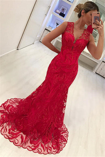 MERMAID APPLIQUES STRAPS SLEEVELESS V-NECK LONG PROM DRESS HZ1023
